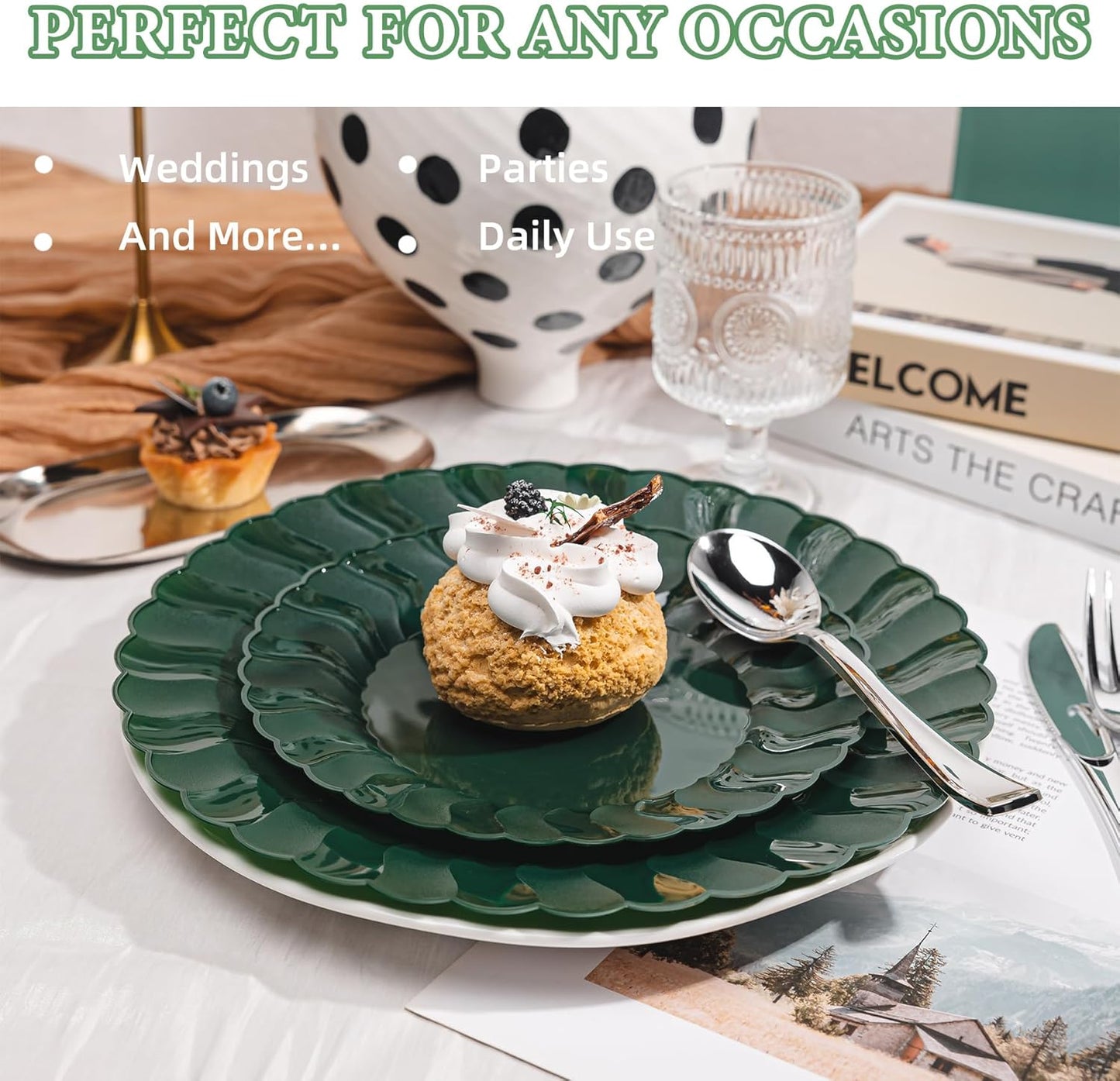 Lullaby 60PCS Ivory Scalloped Plastic Plates with Gold Rim, Disposable Elegant Plates Include 30pcs Dinner Plate 10.25", 30pcs Plastic Dessert Plate 7.5", Perfect for Wedding and Party