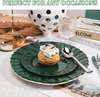 Lullaby 60PCS Ivory Scalloped Plastic Plates with Gold Rim, Disposable Elegant Plates Include 30pcs Dinner Plate 10.25", 30pcs Plastic Dessert Plate 7.5", Perfect for Wedding and Party