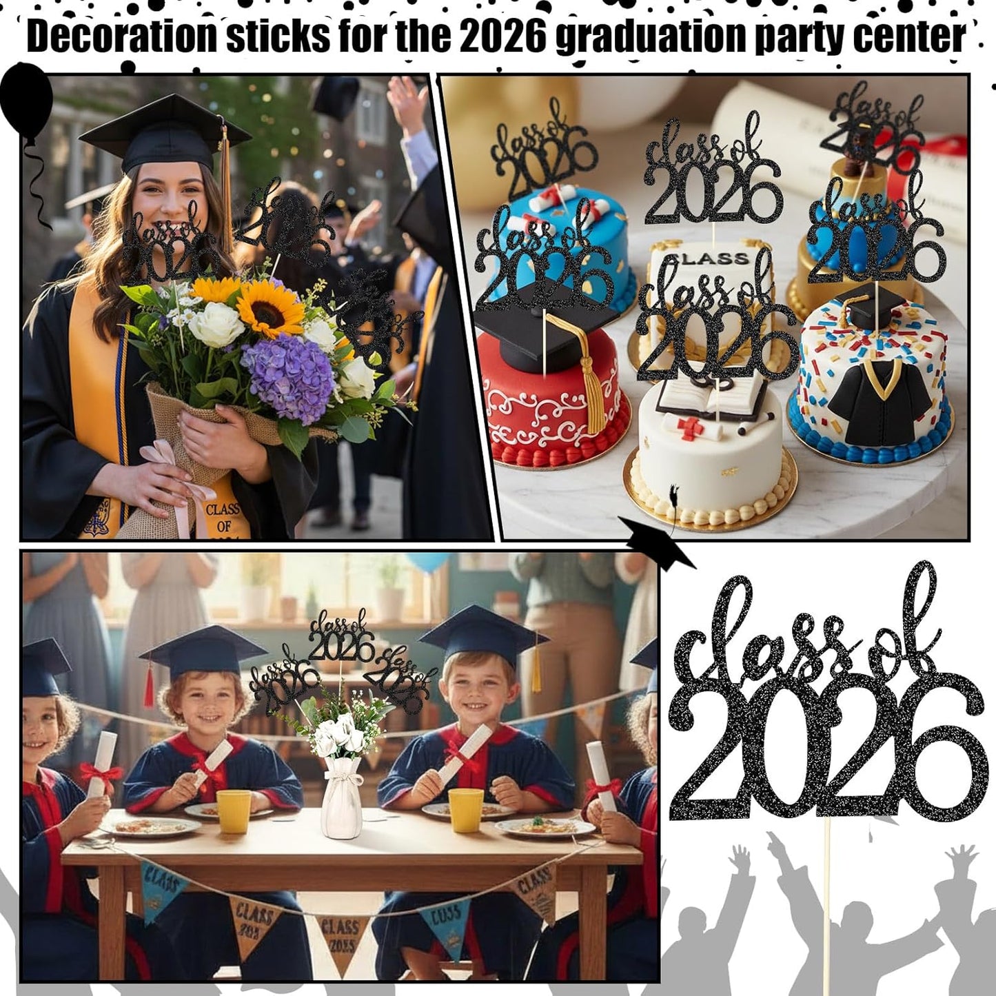 Amyhill 24 Pcs 2026 Graduation Decorations Class of 2026 Graduation Centerpiece Sticks Glitter Double Sided for Table Grad Party Decorations for Vase Table Toppers Supplies(Black)