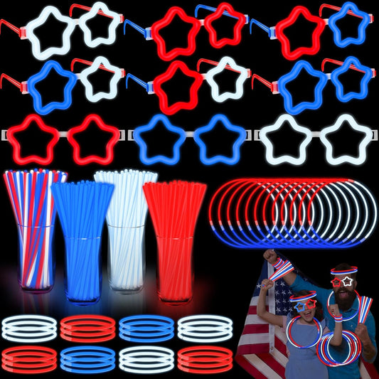 126 PCS 4th of July Glow Sticks Bracelets Necklaces with Connectors, 6 Red White Blue Glasses Glow in The Dark Party Supplies, Light Up Party Favors for Kids Adults, 250th Anniversary USA Accessories