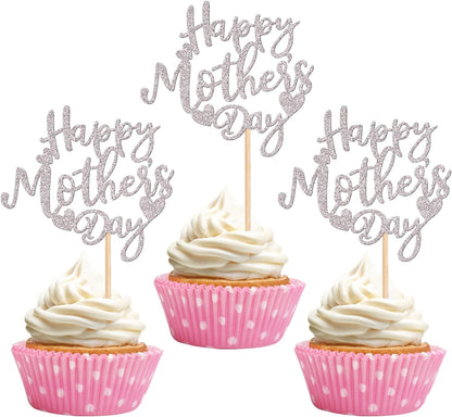 24 PCS Happy Mother's Day Cupcake Toppers with Glitter Heart Love Mother Best Mom Cupcake Picks for Happy Mother's Day Theme Women Birthday Party Cake Decorations Supplies Rose Gold