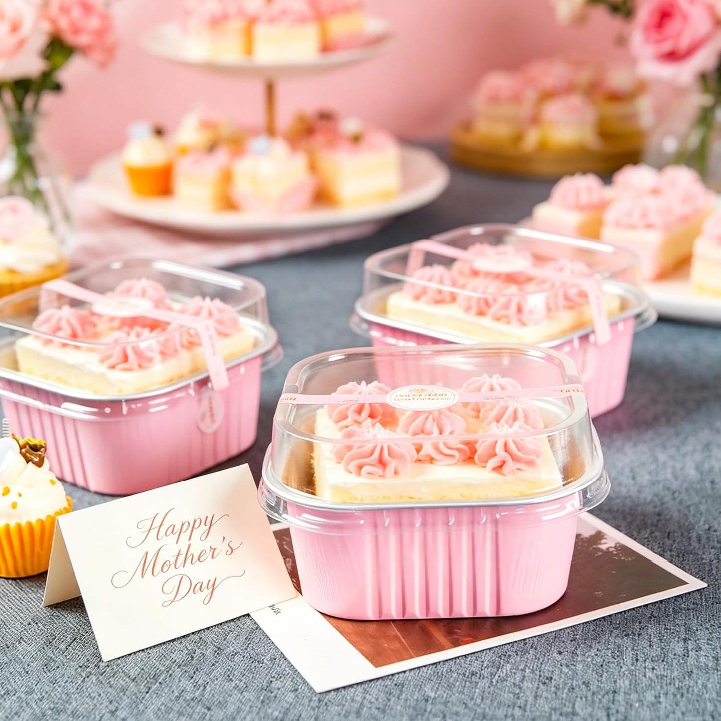 NPLUX 50 Pcs Mini Cake Pans with Lids and Spoons Aluminum Foil Mini Square Baking Cups with Lids Disposable Ramekins Cake Pans Dessert Cups for Wedding Mothers Day Gifts Party Favors(Pink,5oz)