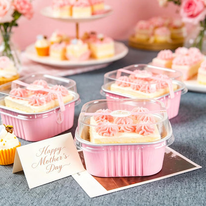 NPLUX 50 Pcs Mini Cake Pans with Lids and Spoons Aluminum Foil Mini Square Baking Cups with Lids Disposable Ramekins Cake Pans Dessert Cups for Wedding Mothers Day Gifts Party Favors(Pink,5oz)