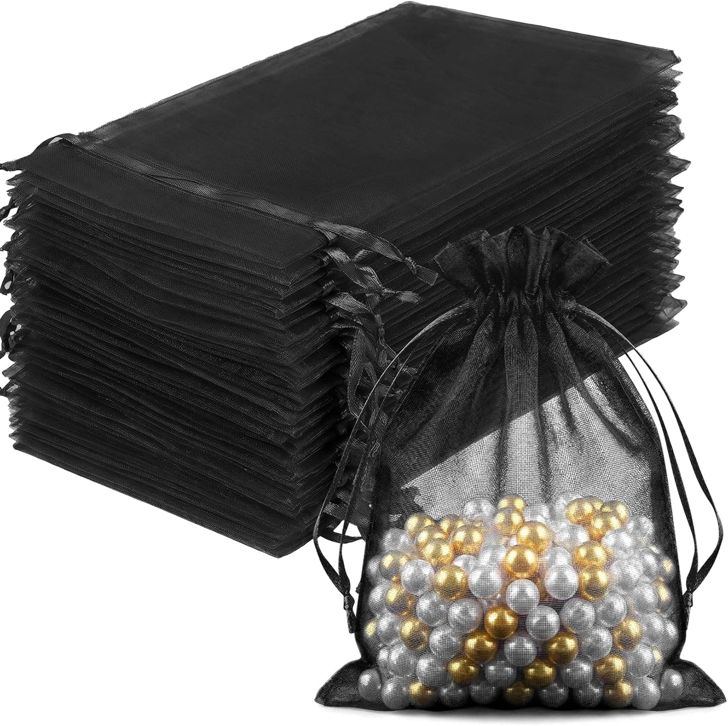 FUNFERY 100 Pcs White Organza Bags 3x4 in, Small Mesh Drawstring Gift Bags for Sachet, Jewelry, Wedding Favor, Candy Goodie Treat Bag,Easter Day