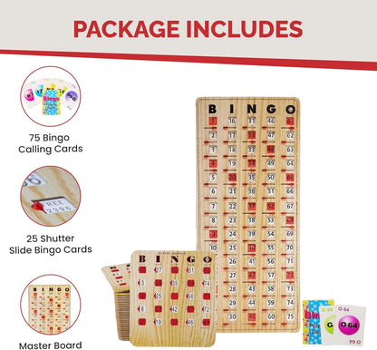 MR CHIPS Jam-Proof Bingo Cards with Sliding Windows, 25 Reusable Shutter Cards, 75 Calling Cards 1 Master Board in Tan Woodgrain Style