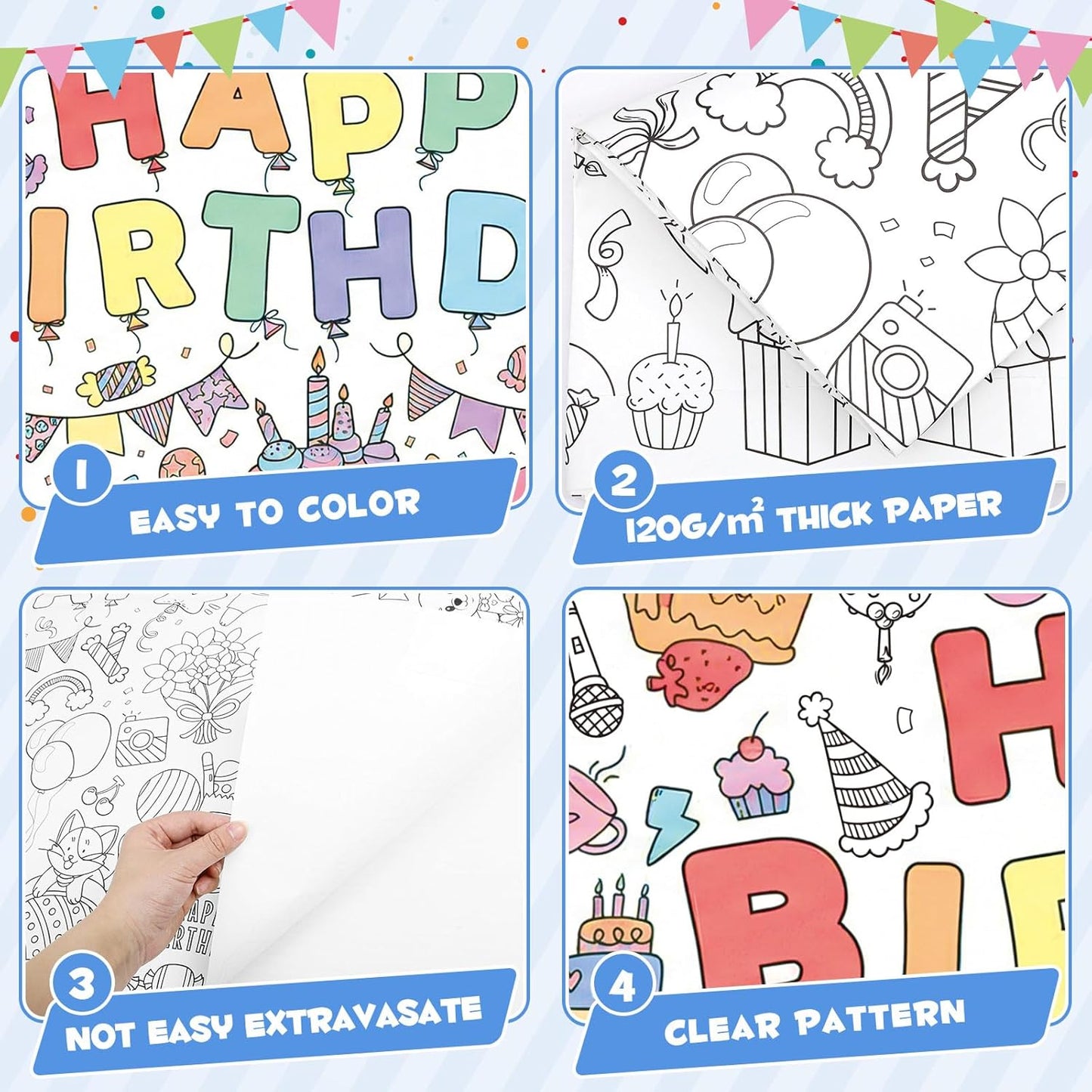 Happy Birthday Giant Coloring Poster/Tablecloth, 30 x 72 Inch Birthday Craft for Kids Art Crafts Paper Banner Kid Games Activities,Coloring Tablecloth Crafts for Classroom Wall School Home Parties