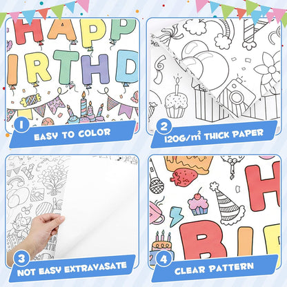 Happy Birthday Giant Coloring Poster/Tablecloth, 30 x 72 Inch Birthday Craft for Kids Art Crafts Paper Banner Kid Games Activities,Coloring Tablecloth Crafts for Classroom Wall School Home Parties