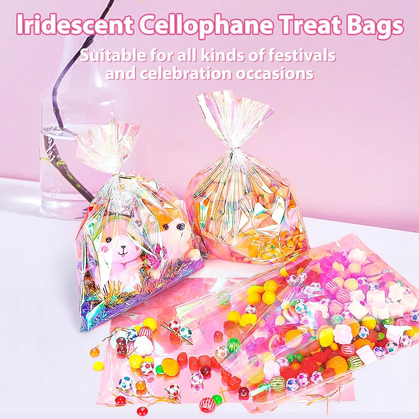 5x7 Inch Iridescent Cellophane Treat Bags with Twist Ties, Treat Bags for Candy Cookie Goodie Chocolates, And Popcorn