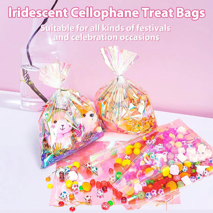 5x7 Inch Iridescent Cellophane Treat Bags with Twist Ties, Treat Bags for Candy Cookie Goodie Chocolates, And Popcorn