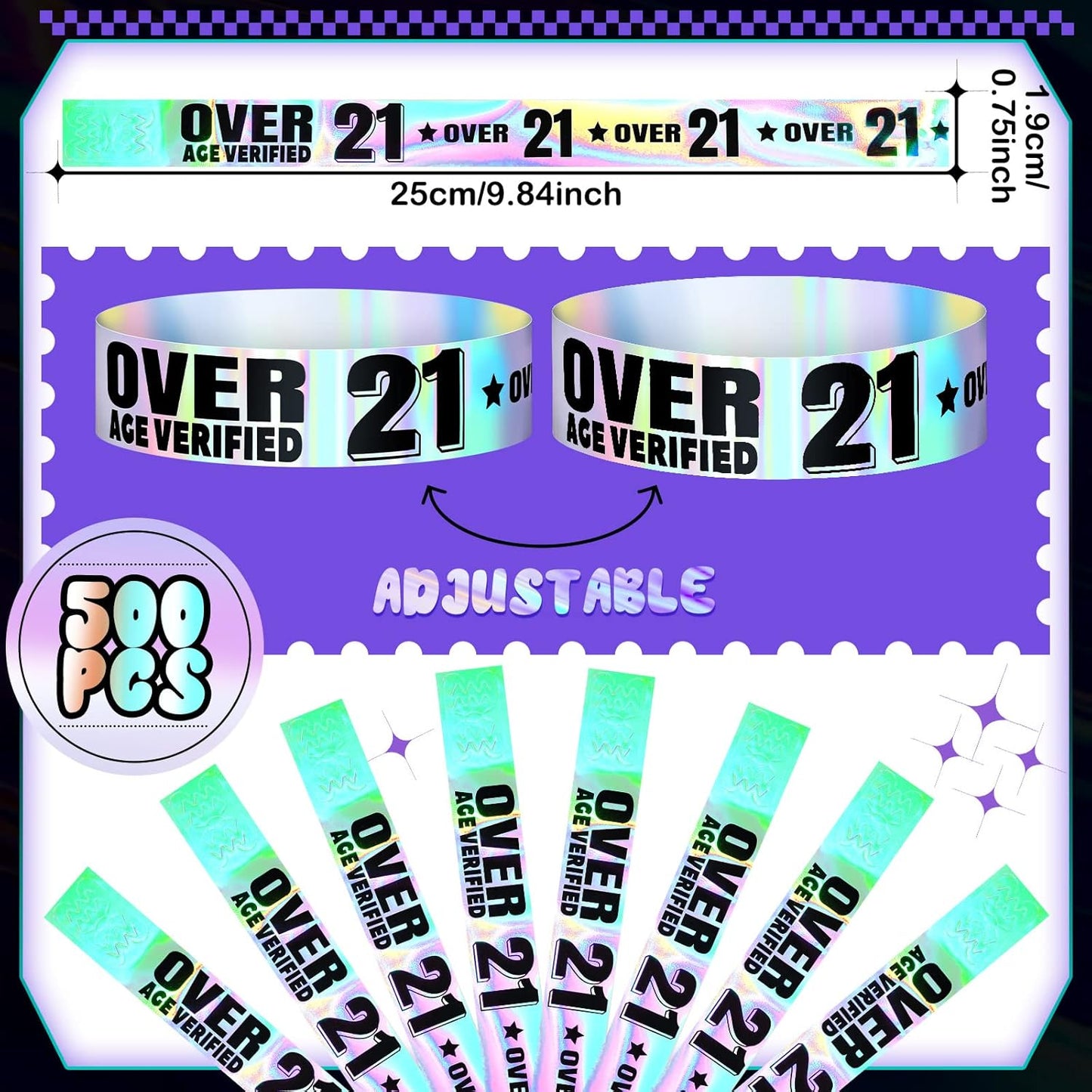 Ferraycle Over 21 Wristbands Holographic Events Wristbands Plastic Party Bracelets Waterproof Bracelets Arm Bands for Events Concerts