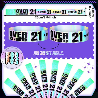 Ferraycle Over 21 Wristbands Holographic Events Wristbands Plastic Party Bracelets Waterproof Bracelets Arm Bands for Events Concerts
