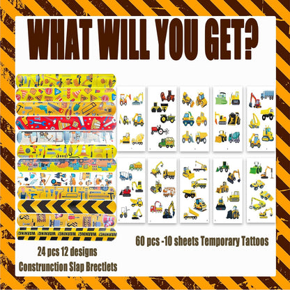 84PCS Engeering Vehicle Party Favors Set – 24pcs Slap Bracelets & 60pcs Temporary Tattoos with Construction Vehicle Designs, Engeering Theme Party Supplies for, Truck Decorations