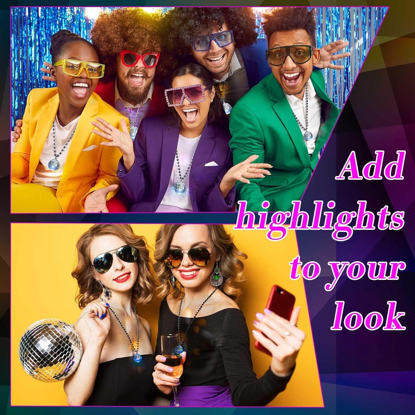 Sasylvia 12 Pcs LED Disco Ball Necklaces Light up Bead Necklaces 70s Disco Party Favors Glow in The Dark Bead Jewelry Costume Accessories for New Year Party Dance Supplies(Silver, Colorful)