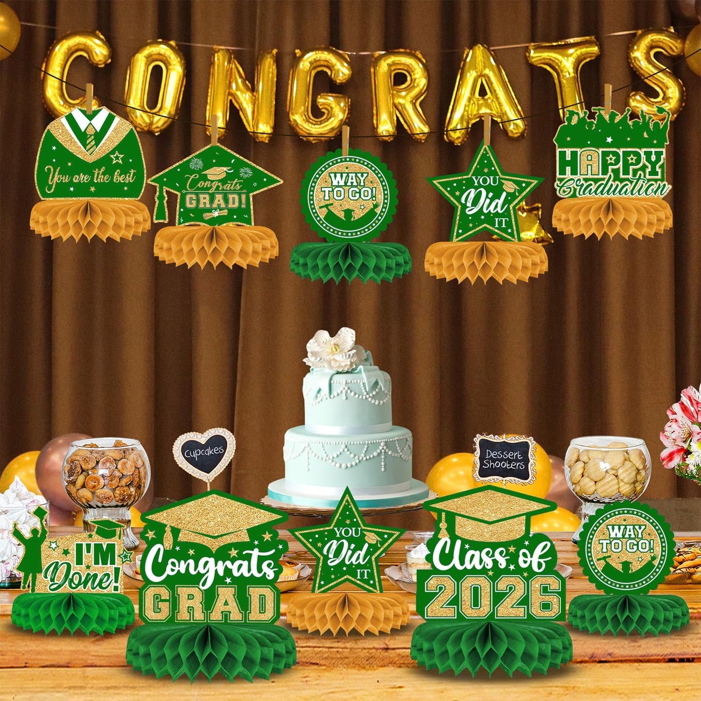 8 Pieces Class of 2026 Graduation Table Decorations - 2026 Congrats Grad Honeycomb Centerpieces, Red Black Graduation Table Toppers Decor for 2026 Graduation Party Decorations Favor Supplies