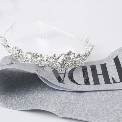 COCIDE Birthday Queen Sash & Rhinestone Tiara Set Gold Happy Birthday Crowns for Women Party Decoration Kit Rhinestone Headband for Women Glitter Crystal Hair Accessories for Cake Topper