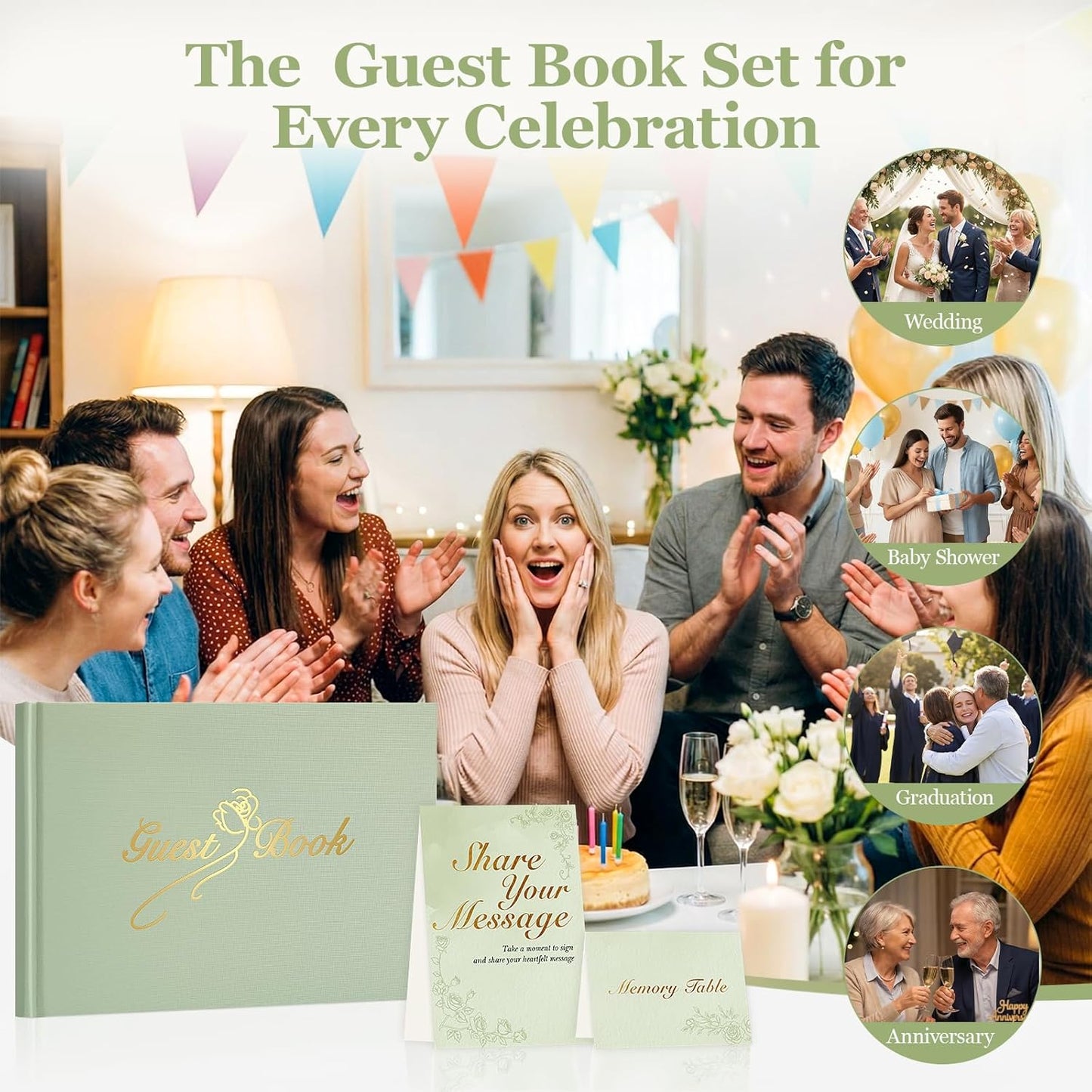 Guest Book for All Occasions – White Hardcover with Gold Foil, 120 Acid-Free Blank Pages, Includes Table Sign & Welcome Card | 8.66x6.69 Sign-in Book for Wedding, Party & Memorial