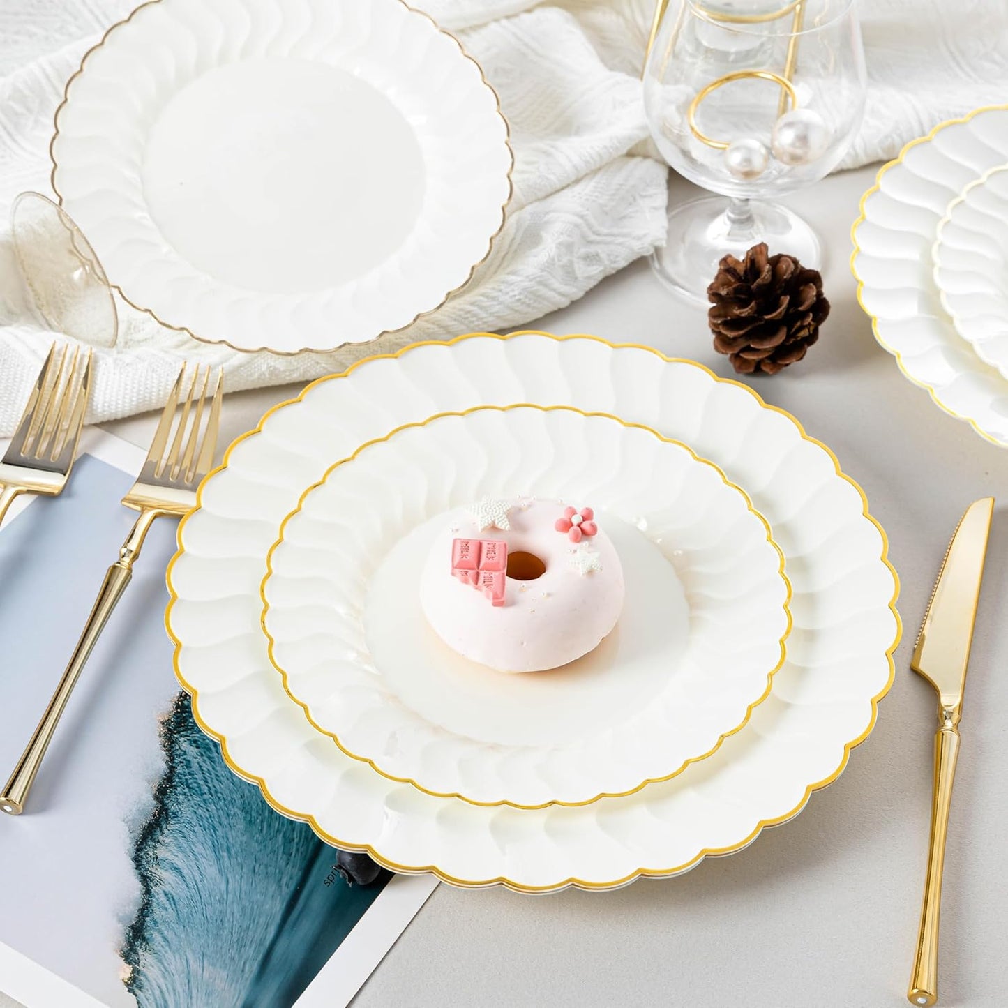 Lullaby 60PCS Ivory Scalloped Plastic Plates with Gold Rim, Disposable Elegant Plates Include 30pcs Dinner Plate 10.25", 30pcs Plastic Dessert Plate 7.5", Perfect for Wedding and Party