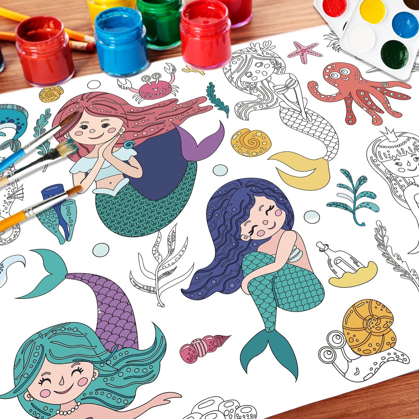 43.3x31.5 Summer Coloring Poster with Picture, Giant Cute Painting Poster, Large Coloring Tablecloth for Classroom Home Birthday Party Supplies Favor