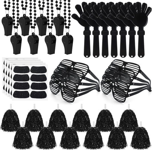 Realspring 148 Pcs Colleges Team Spirit Items Bulk University Team Spirit Week Accessories, Hand Clapper Noisemaker Whistle Cheerleading Pom Poms Shutter Glasses Sticker for Sports