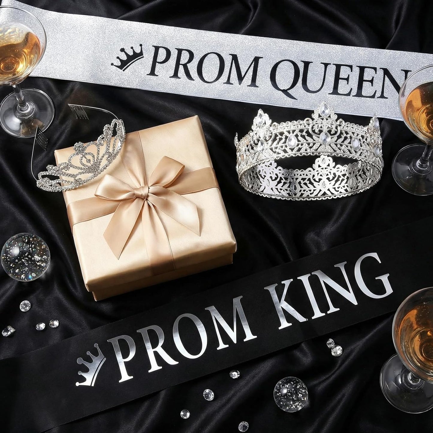 Lyrow 4 Pcs Prom King and Queen Crown Set, Prom King Crown with Sash for Graduation, Queen Tiara with Sash for Grad Couple Accessories Homecoming Birthday Party(Cute,Black,White)