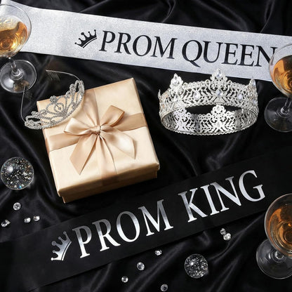 Lyrow 4 Pcs Prom King and Queen Crown Set, Prom King Crown with Sash for Graduation, Queen Tiara with Sash for Grad Couple Accessories Homecoming Birthday Party(Cute,Black,White)