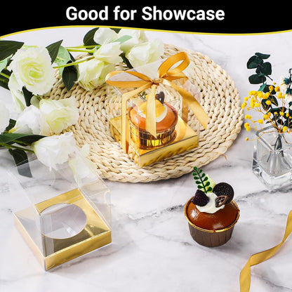 EUSOAR Individual Cupcake Holder, 50pcs 3.5 Inch Plastic Black Cupcake Containers with Lids, Single Transparent Display Clear Cupcake Carrier with Ribbon and Inserts for Wedding Party Favor