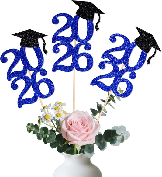 Class of 2026 Graduation Centerpieces, 10 Pcs Gold Glitter 2026 Centerpieces with Graduation Cap, Congrats Grad Party Decorations for Cake, Dessert & Centerpieces