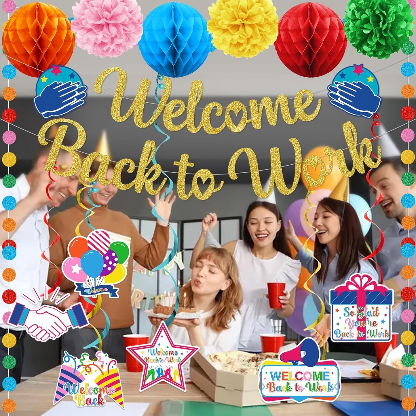 Welcome Back Decorations for Office Welcome Back to Work Decorations with Banner Circle Dot Garland Hanging Swirls Pompoms for Office Party Decor Sign