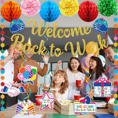 Welcome Back Decorations for Office Welcome Back to Work Decorations with Banner Circle Dot Garland Hanging Swirls Pompoms for Office Party Decor Sign