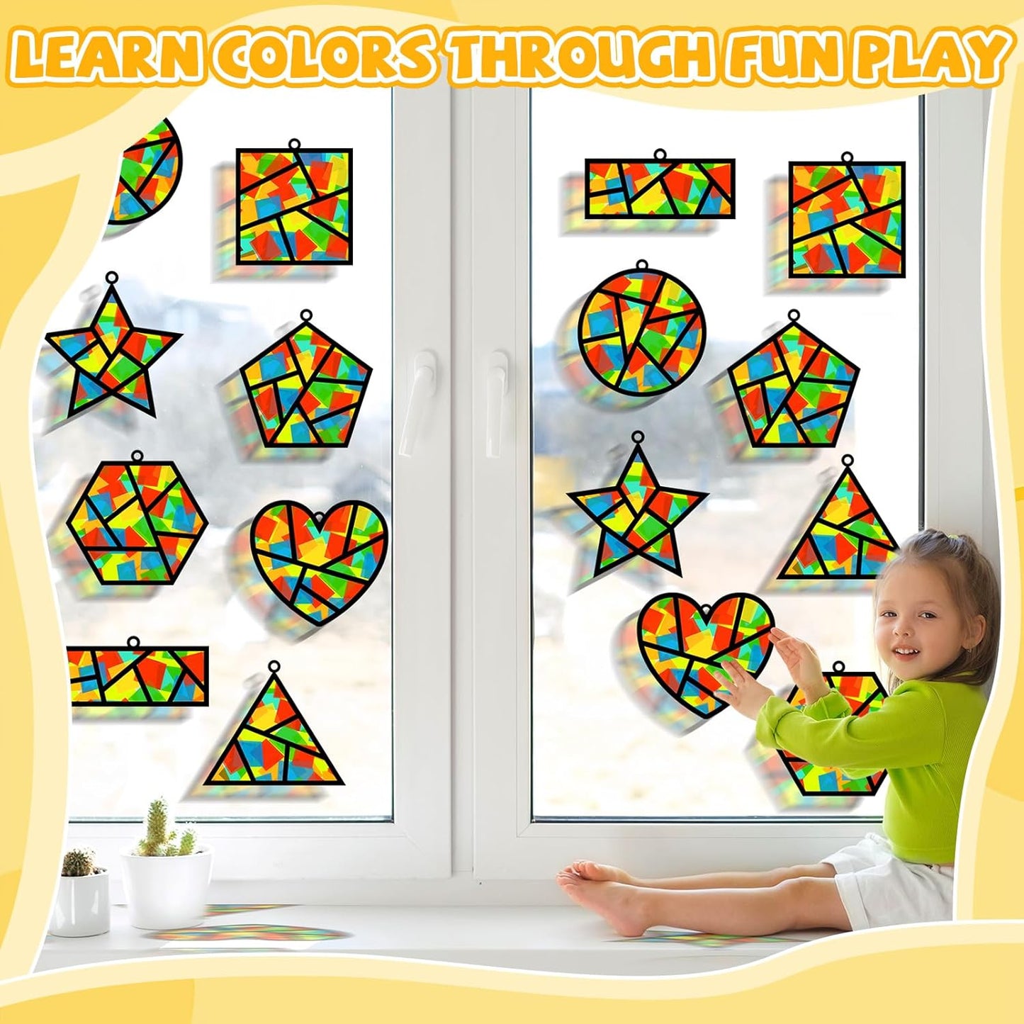 QOUBAI 32 Sets Stars Suncatchers Craft Back to School DIY Stained Glass Window Patriotic 4th of July Paper Craft Home School Classroom Decor Kid Birthday Gift Creative Art Activity Game - Colors A