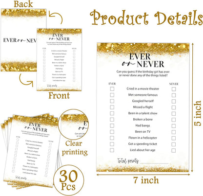 Gold Glitter Birthday Party Game Cards Set, Ever or Never, for Girl Birthdays Supplies, Activity Decorations Double Sided Set of 30 Pcs