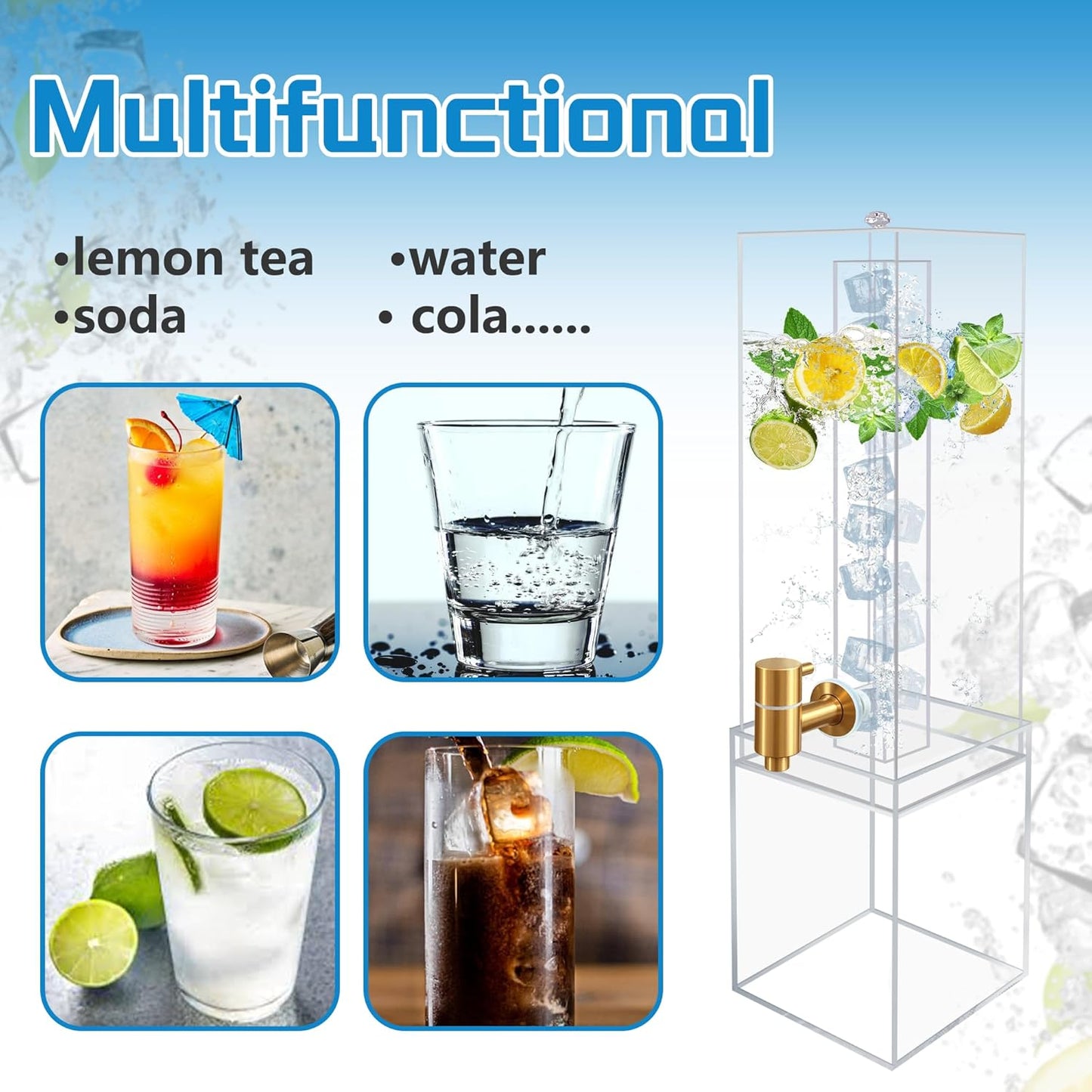 2 Gallon Large Drink Dispenser, Drink Dispenser with Wood Stand, Drink Dispensers for Parties with Ice Core, Beverage Dispenser with Airtight Valve for Water, Punch, Juice