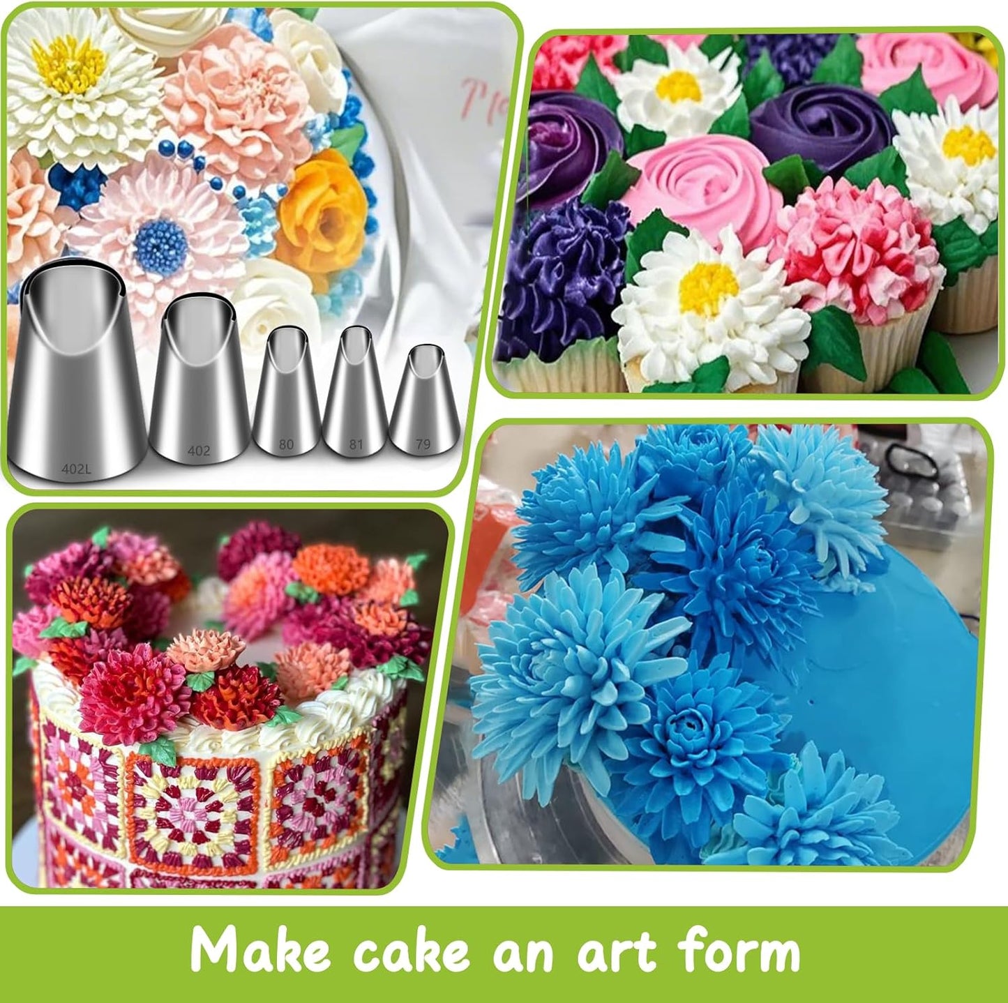 Suuker 5 Pieces Rose Flower Piping Tips Set,Stainless Steel Cake Decorating Tips, Frosting Icing Tips for Cupcakes, Cake, Cookie and Decorating（402L 402 79 80 81）