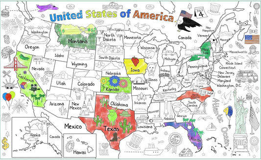 PartyGarden US Map Coloring Poster for Kids - 54 x 33 Inches Giant United States Coloring Map Large Paper Coloring Tablecloth for Children to Learn US States Art Drawing Table Home Classroom Activity