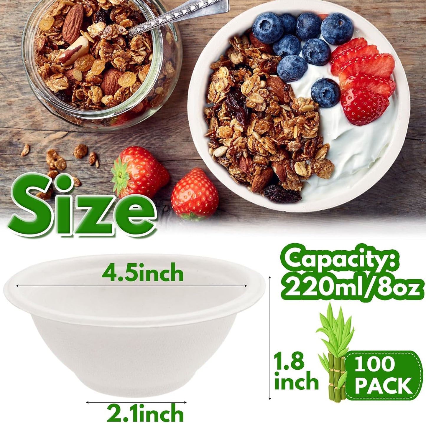 Tiaiidi 100 Pack 8 oz Disposable Paper Bowls,Compostable Bagasse Bowls,Small Biodegradable Heavy-Duty Bowls for Hot and Cold Food
