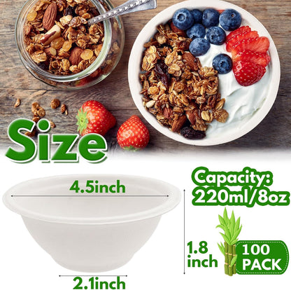 Tiaiidi 100 Pack 8 oz Disposable Paper Bowls,Compostable Bagasse Bowls,Small Biodegradable Heavy-Duty Bowls for Hot and Cold Food