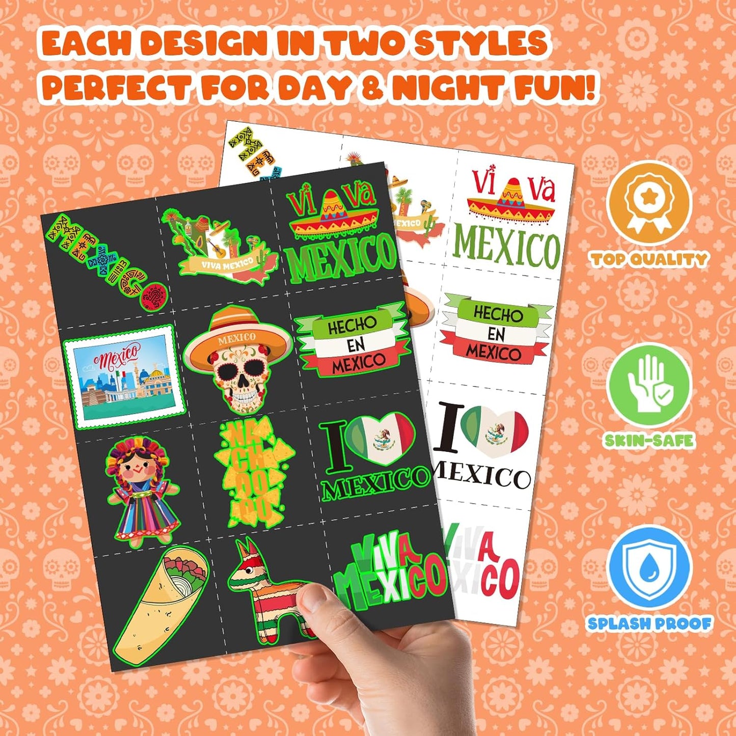 96 PCS Mexican Fiesta Party Favors – 72 Glow & Regular Tattoos + 24 Slap Bracelets, Perfect for Cinco de Mayo, Birthdays & Cultural Celebrations