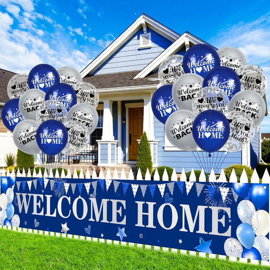 Colorful Welcome Banner & Balloons - 24 Pcs Welcome Back Yard Sign for Military Homecoming, Housewarming, Family Reunion & Party Supplies