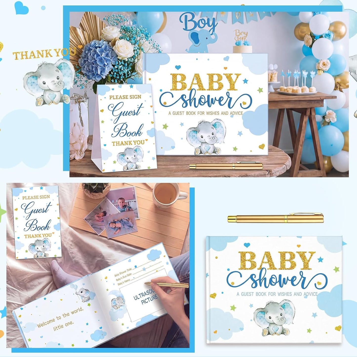 Fuyoooo 27 Pcs Safari Animal Baby Shower Guest Book Set Baby Shower Sign in Guest Floral Book Place Table Cards with Gold Pen Adhesive Photo Corner for Birthday Party