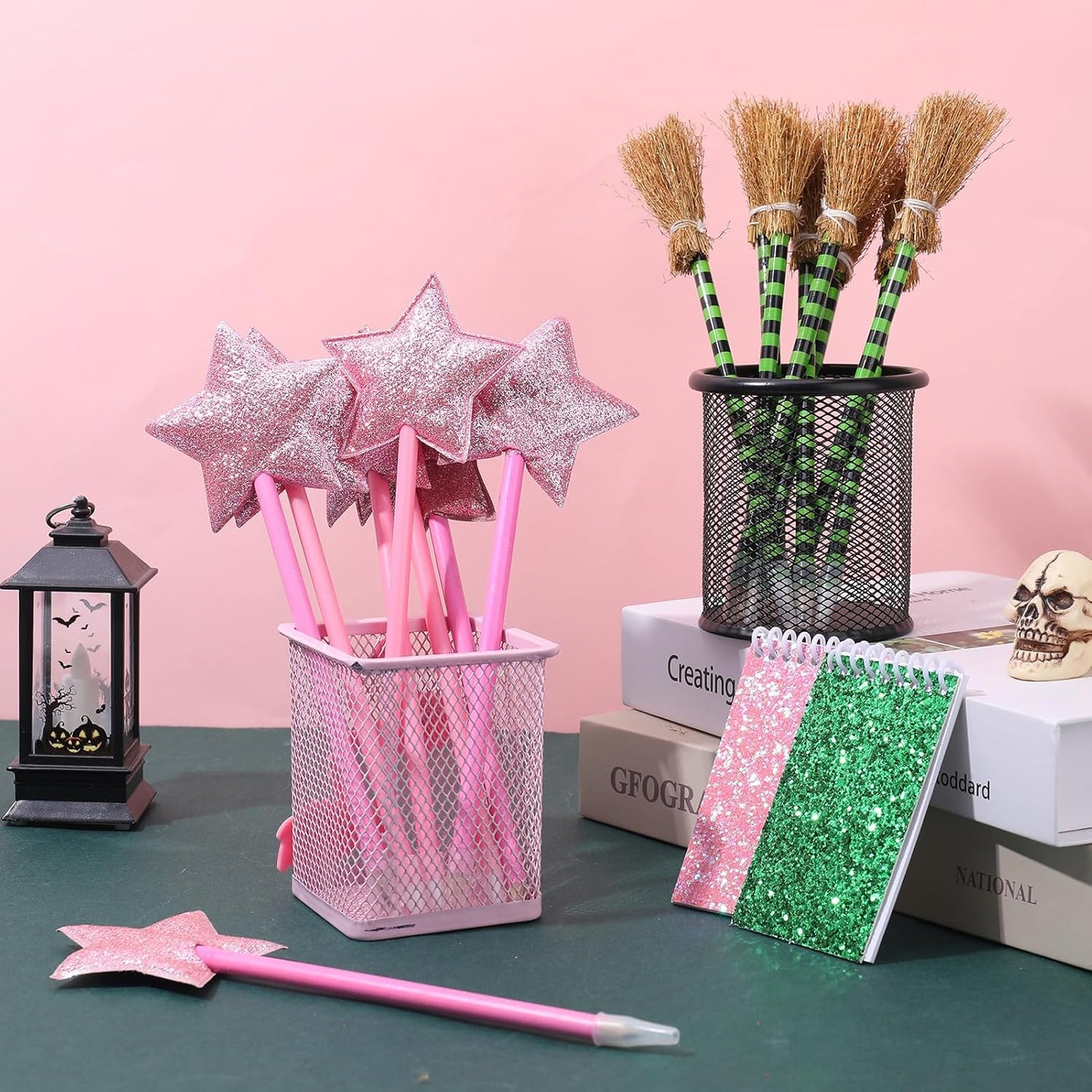 18Pcs Princess and Witch Party Favors with Star Ballpoint Star Pencil Witch Broom Ballpoints Broom Pencils Glitter Mini Spiral Notepads for Party Supplies Decorations