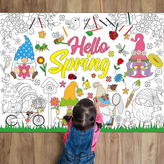 Naozinebi Hello Spring Coloring Poster for Kids Giant Coloring Poster Large Spring Gnome Coloring Tablecloth Jumbo Coloring Books for Classroom Home Birthday Party Supplies Favor