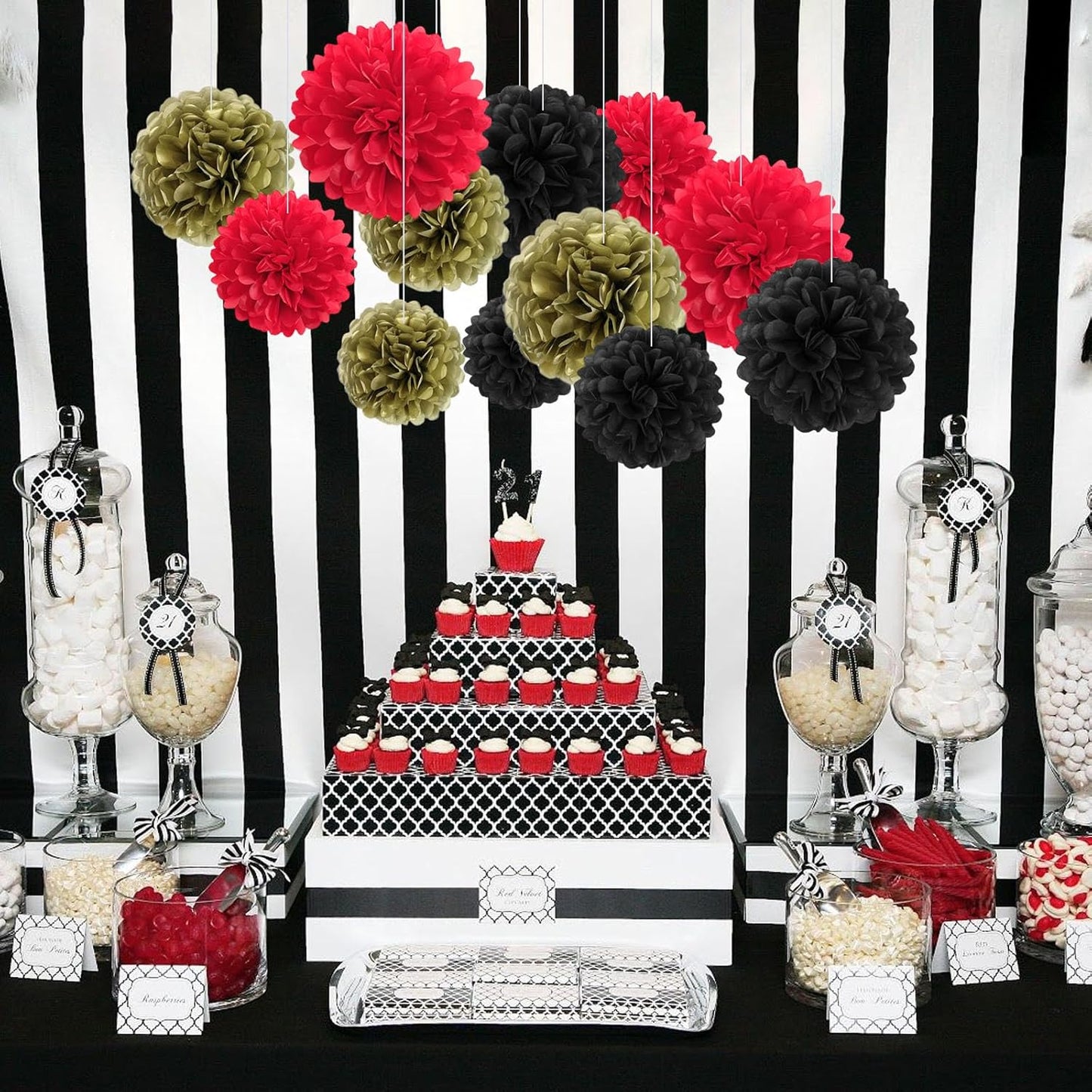 18 PCS Tissue Paper Pom Poms, Tissue Pom Poms Flowers, Sizes of 6", 10", 12", 14" Hanging Paper Flower Ball for Wedding, Birthday, Halloween, Christmas, Baby Shower Party Decor (Red Black Gold)