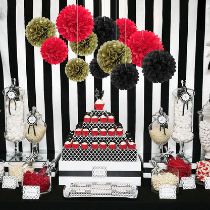 18 PCS Tissue Paper Pom Poms, Tissue Pom Poms Flowers, Sizes of 6", 10", 12", 14" Hanging Paper Flower Ball for Wedding, Birthday, Halloween, Christmas, Baby Shower Party Decor (Red Black Gold)