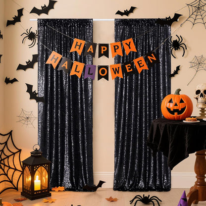 Poise3EHome Black Sequin Backdrop Curtains, 2 Panels 2FTx8FT Glitter Photo Booth Backdrop for Halloween Birthday Bachelorette Wednesday Twilight Party Decorations