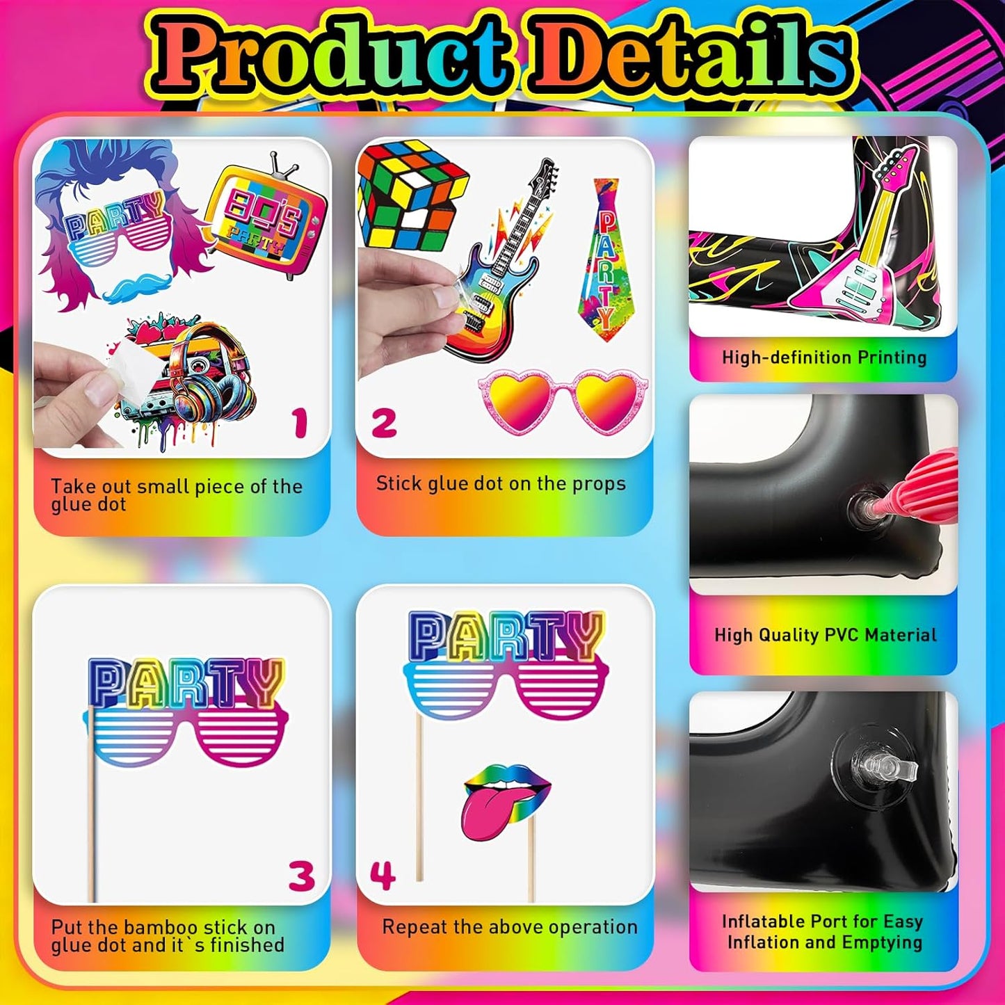 Hawaiian Photo Booth Props & Inflatable Frame, 30Pcs Luau Photobooth Props with Large Inflatable Inflatable Selfie Picture Frame for Summer Tropical Aloha Luau Party Selfie Supplies