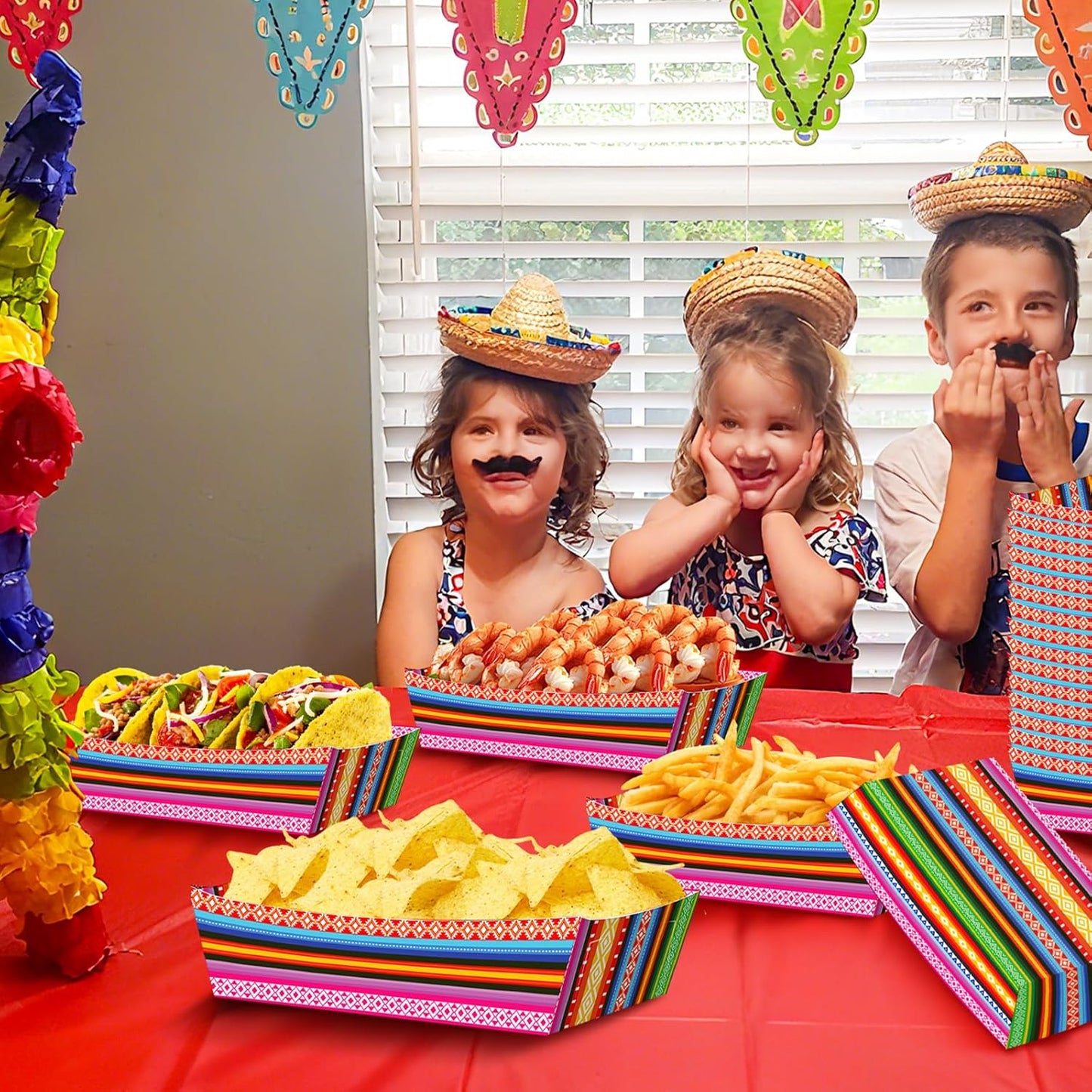30 Pack Fiesta Mexican Food Trays, Floral and Serape Stripe Design Disposable Paper Serving Containers Boats for Taco Nights, Nachos, Fries, Popcorn, Snacks, Cinco de Mayo and Birthday Party Supplies