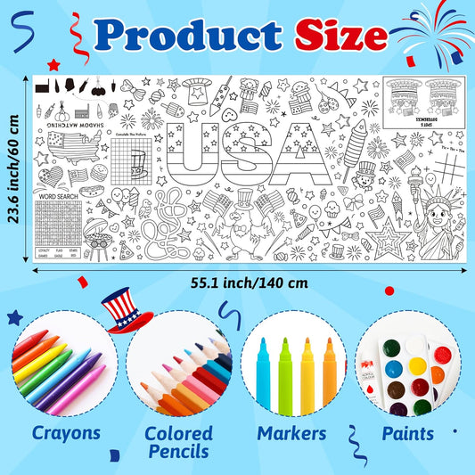 Haooryx Independence Day Coloring Poster - Jumbo 4th of July Retangular Coloring Table Cover Patriotic USA Birthday Party Supplies Decoration Paper Tablecloth Color Your Own Gaint Home Wall Art Decor