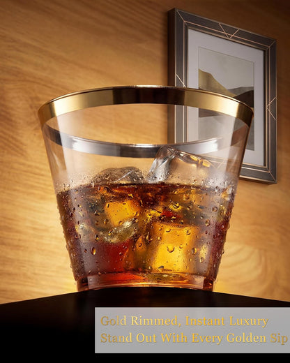 Nervure 120PCS Gold Plastic Cups - 9Oz Gold Rimmed Plastic Cups - Heavy Duty Disposable Clear Cup with Gold Rim Perfect for Weddings, Receptions & Parties
