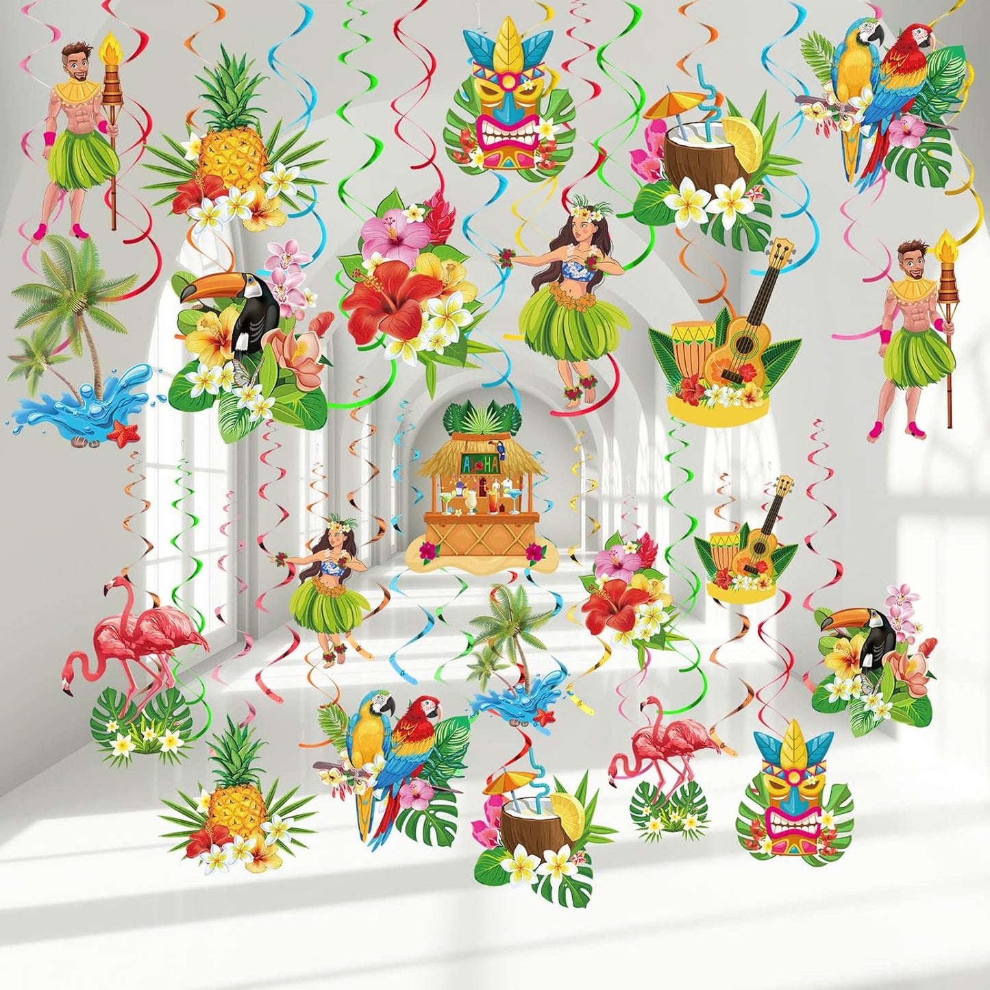 Outus 30 Pieces Hawaiian Luau Birthday Party Hanging Swirl Decorations, Flower Tropical Palm Flamingo Sign Foil Ceiling Decor for Floral Tropical Party Summer Beach Pool Tiki Supplies(Summer)