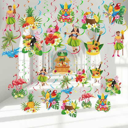 Outus 30 Pieces Hawaiian Luau Birthday Party Hanging Swirl Decorations, Flower Tropical Palm Flamingo Sign Foil Ceiling Decor for Floral Tropical Party Summer Beach Pool Tiki Supplies(Summer)